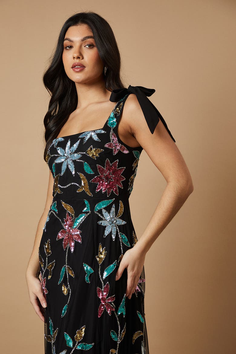 Floral Embellished Split Midi Dress, Alternate, color, Black