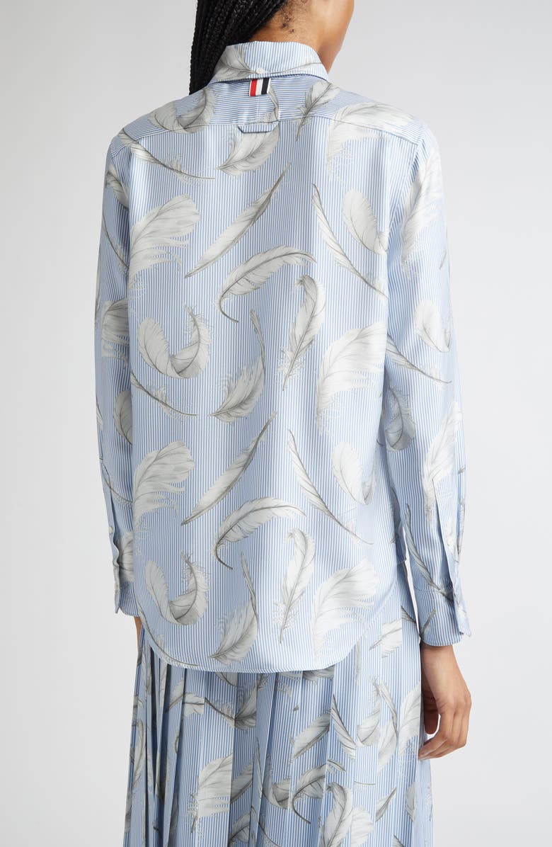Thom Browne Feather Print Stripe Silk Button-Up Shirt, Alternate, color, Light Blue