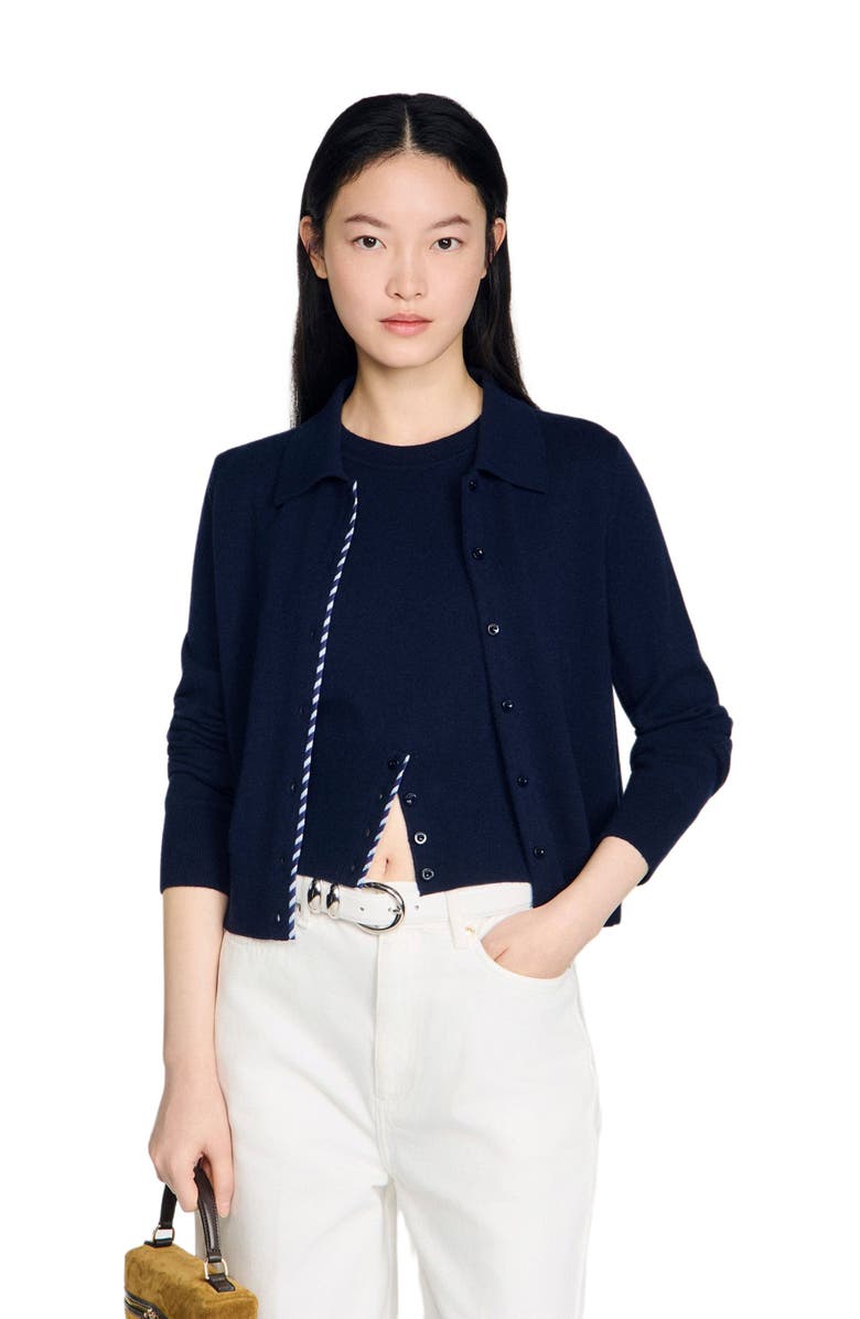 SANDRO Striped wool-cashmere cardigan, Main, color, Navy Blue
