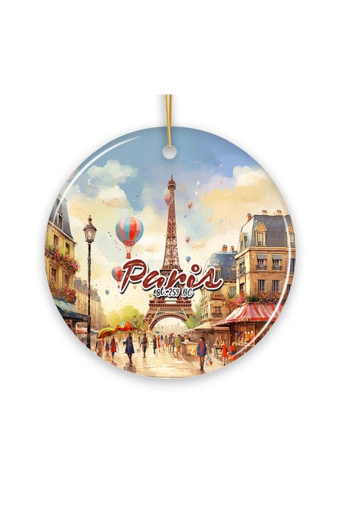 Paris Eiffel Tower Watercolor Round Ceramic Ornament