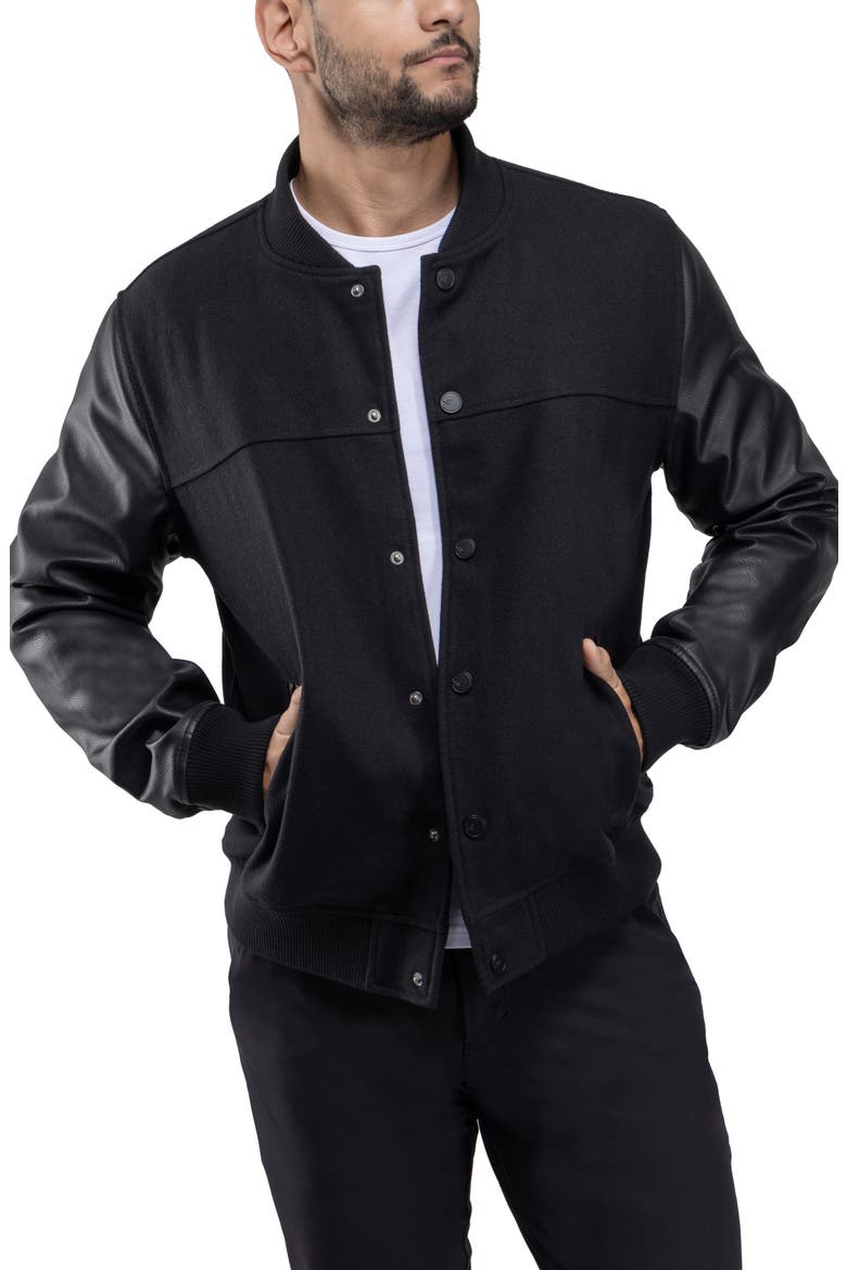 Mixed Media Faux Leather Bomber Jacket, Alternate, color, BLACK/ BLACK