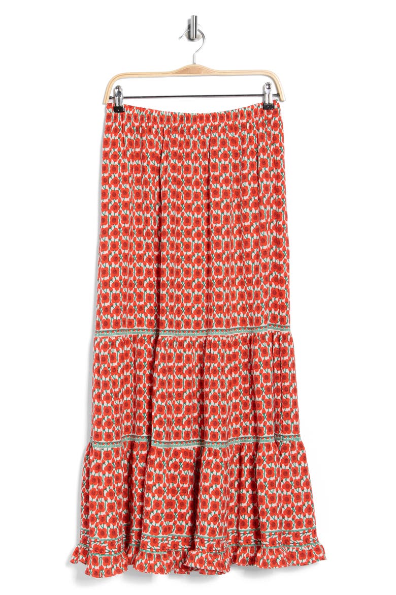 Floral Tiered Maxi Skirt, Alternate, color, CREAM/ PAPAYA POPPY BUDS