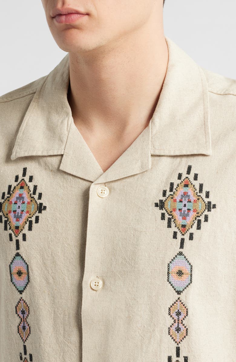 NN07 Ole 5396 Embroidered Linen & Cotton Camp Shirt, Alternate, color, Oatmeal