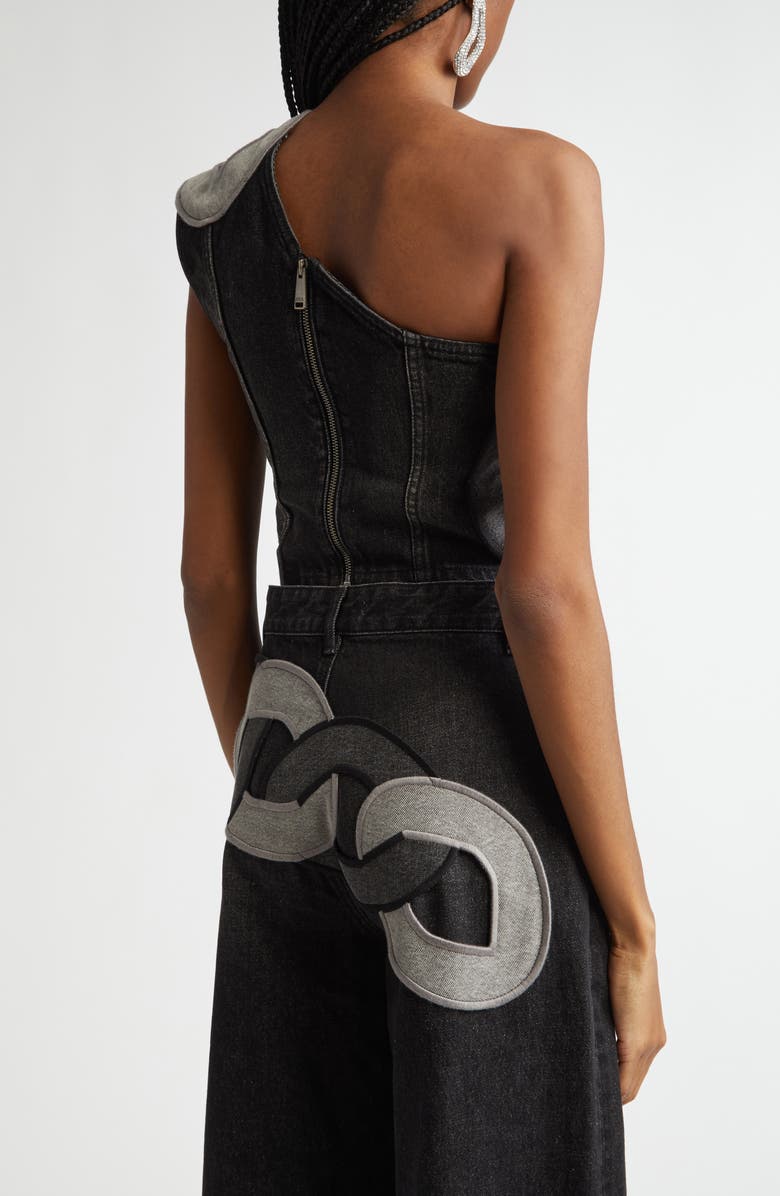 Area Chain Cutout One-Shoulder Denim Crop Top, Alternate, color, Grey Multi