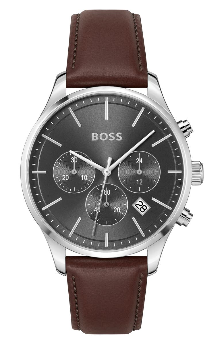 BOSS Avery Chronograph Leather Strap Watch, 42mm, Main, color,