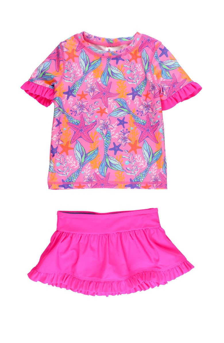 RuffleButts Toddler Girls Short Sleeve Ruffle UPF50+ Rash Guard Skirted 2-Piece, Main, color, Neon Shimmer Mermaid