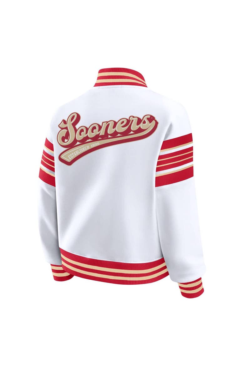 Women's WEAR by Erin Andrews White/Crimson Oklahoma Sooners Satin Stitch Full-Snap Fleece Sweatshirt Jacket, Alternate, color, White