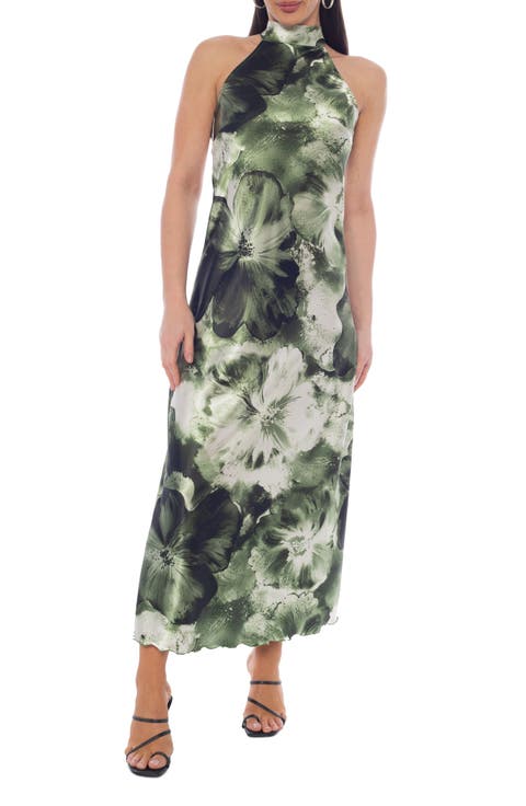 Printed Satin Mock Neck Maxi Dress