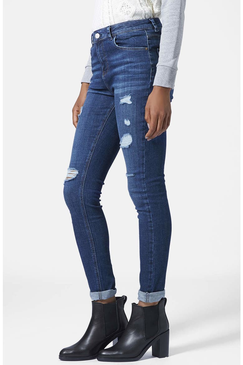 Moto Ripped Skinny Jeans, Main, color, DARK DENIM