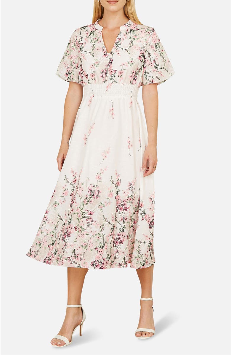 Yumi Mirrored Floral Button Up Midi Dress, Alternate, color, Ivory