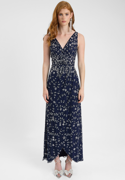 Embellished Sequin Beaded Maxi Dress With Wrap Bottom
