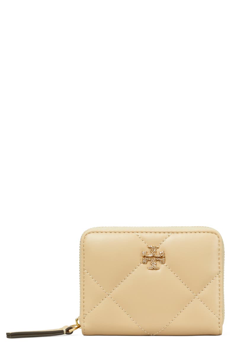 Tory Burch Small Kira Pavé Logo Diamond Quilted Leather Zip Wallet, Main, color, 