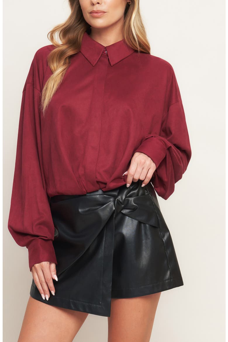 Faux Suede Balloon Sleeve Shirt, Alternate, color, WINE