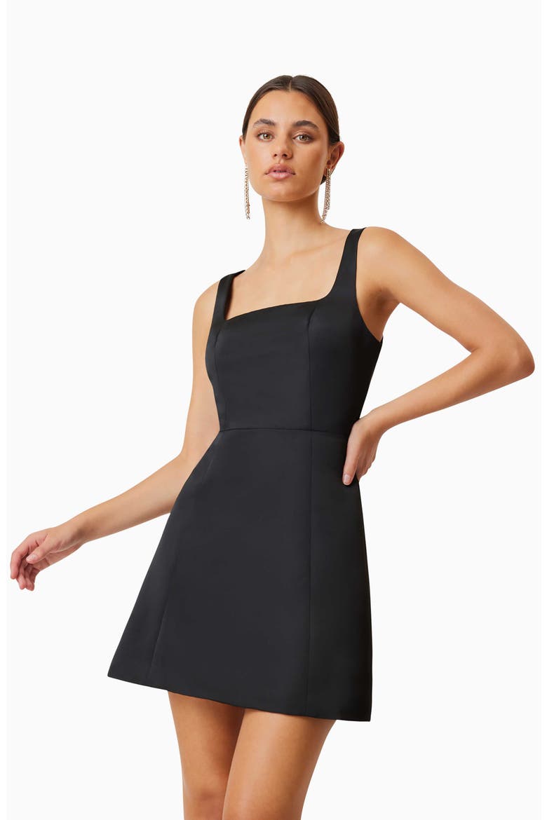 Amelie Square Neck Duchesse Satin Cocktail Minidress, Alternate, color, BLACK