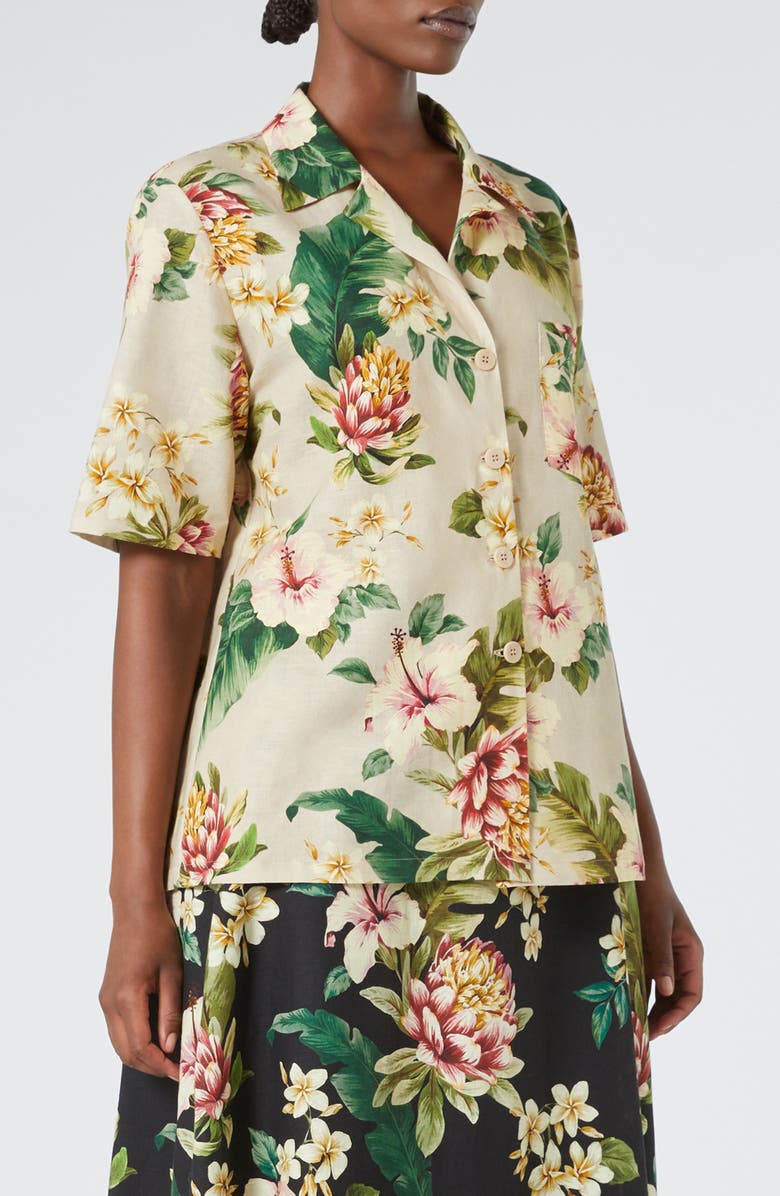 Marina Rinaldi Brais Floral Linen & Cotton Button-Up Shirt, Main, color, Sand