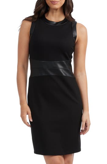 Ellen Tracy Faux Leather Trim Sleeveless Sheath Dress In Black