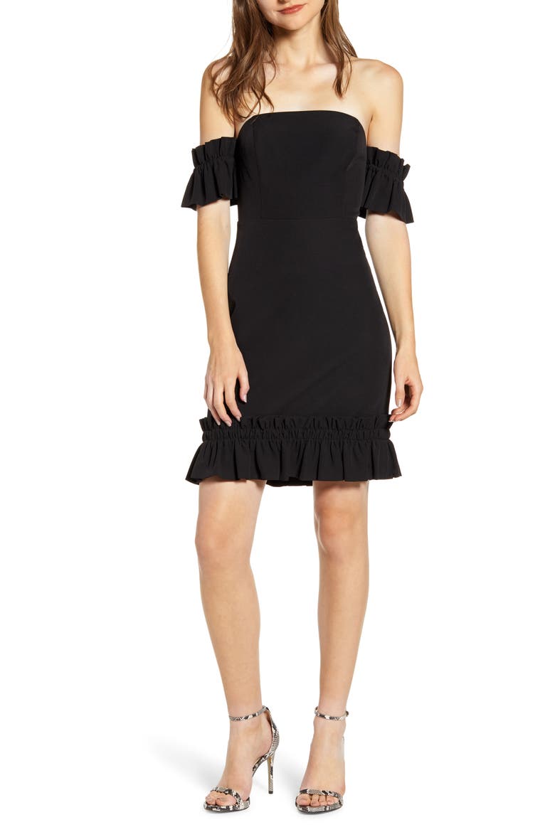Ruffle Detail Off the Shoulder Body-Con Dress, Main, color, BLACK