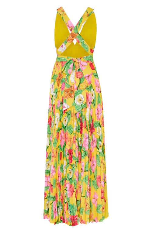 Milly Oria Tulip Rosette Pleated Maxi Dress In Yellow Multi