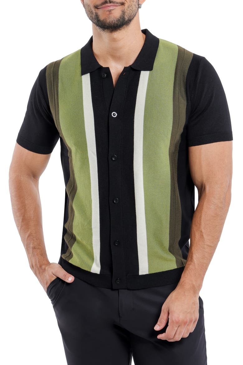Stripe Short Sleeve Button-Up Polo Sweater, Main, color, BLACK/OLIVE