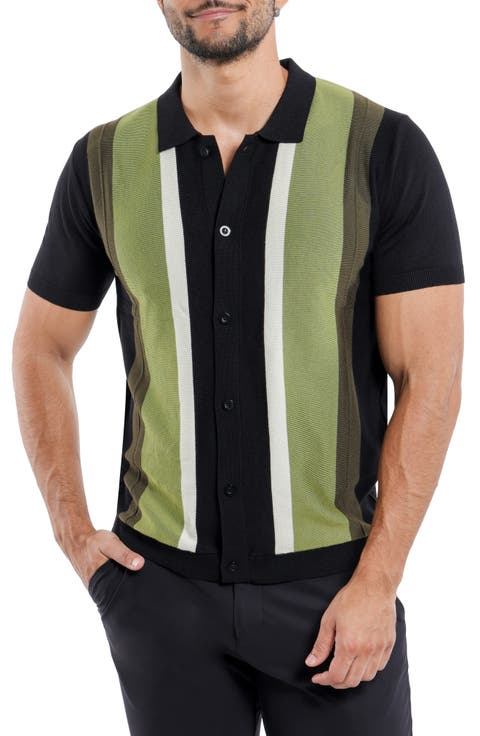 Stripe Short Sleeve Button-Up Polo Sweater