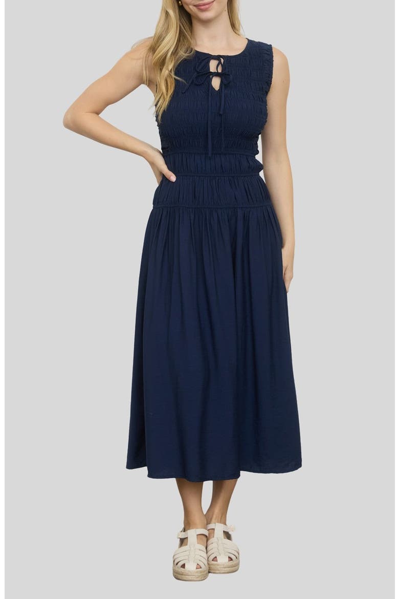 Smock Bodice Midi Dress, Main, color, NAVY