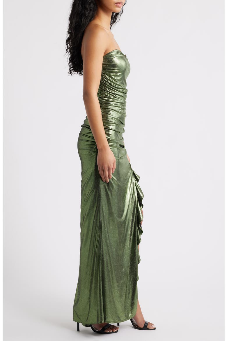 Ruched Foil Strapless Gown, Alternate, color, GREEN