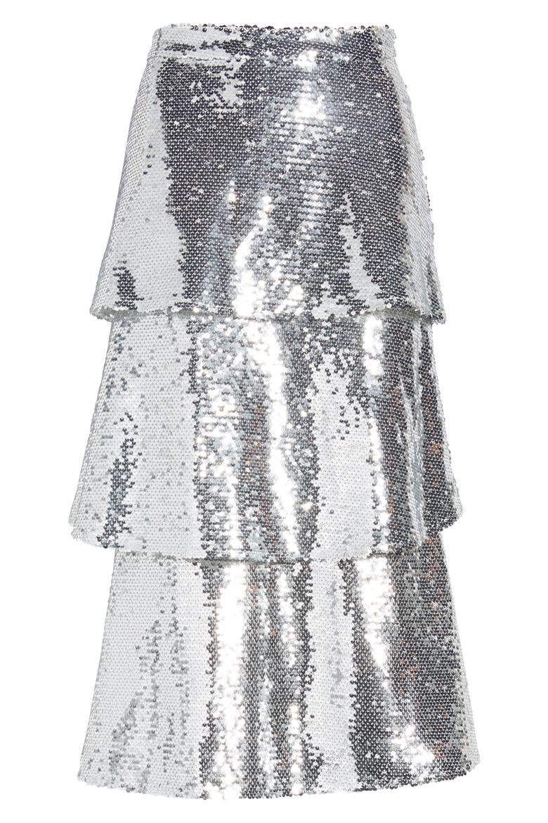 Tiered Sequin Midi Skirt, Alternate, color, SILVER