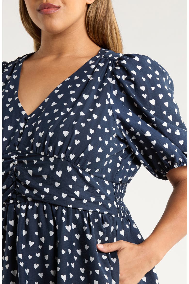 Heart Print Puff Sleeve Midi Dress, Alternate, color, NAVY- WHITE FLOATING HEARTS