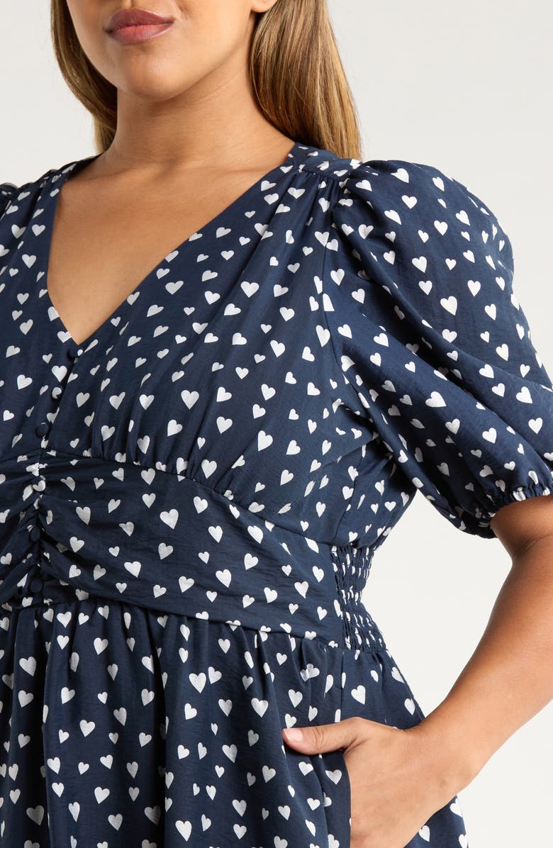Caslon<sup>®</sup> Heart Print Puff Sleeve Midi Dress, Alternate, color, Navy- White Floating Hearts