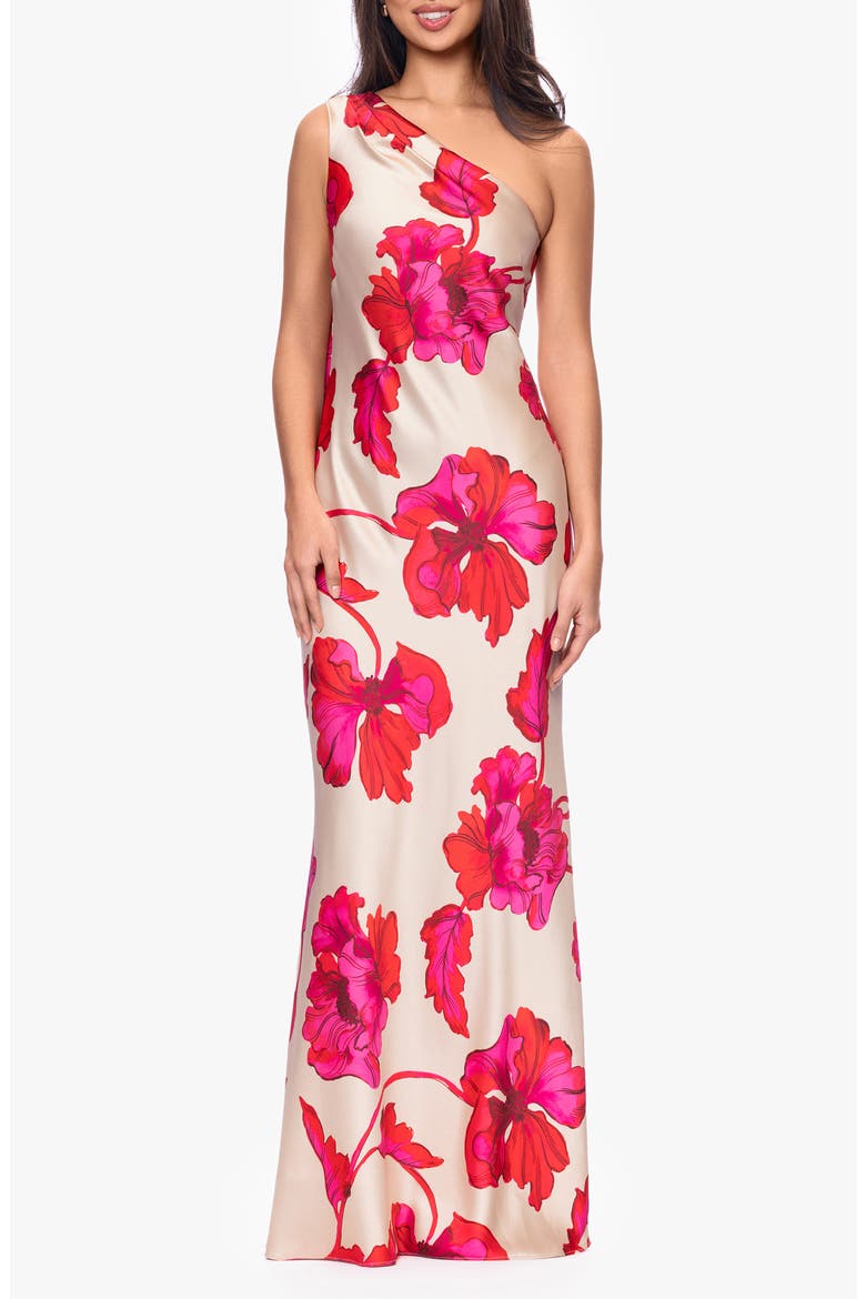 Sash One-Shoulder Satin Gown, Main, color, RED/ NUDE