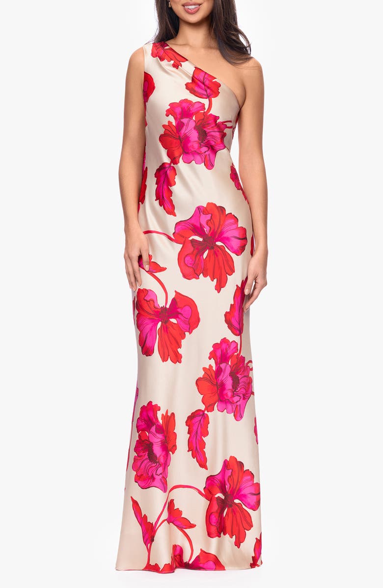 Xscape Evenings Sash One-Shoulder Satin Gown, Main, color, 