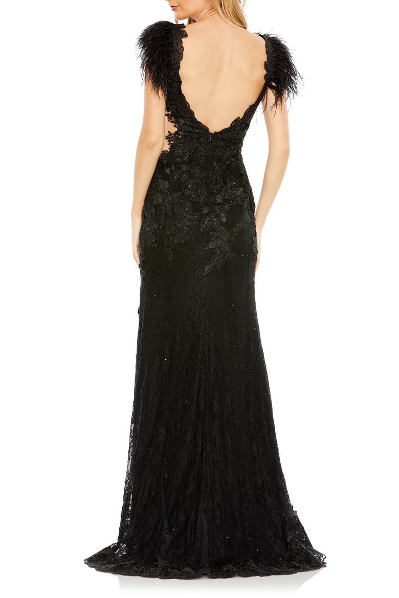 Feather Cap Sleeve Lace Gown, Alternate, color, BLACK