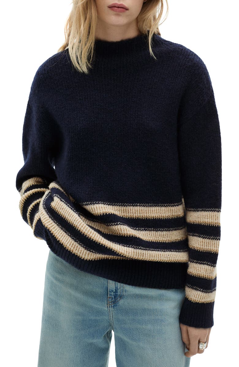 MANGO Perkins Collar Stripe Sweater, Main, color, Dark Navy
