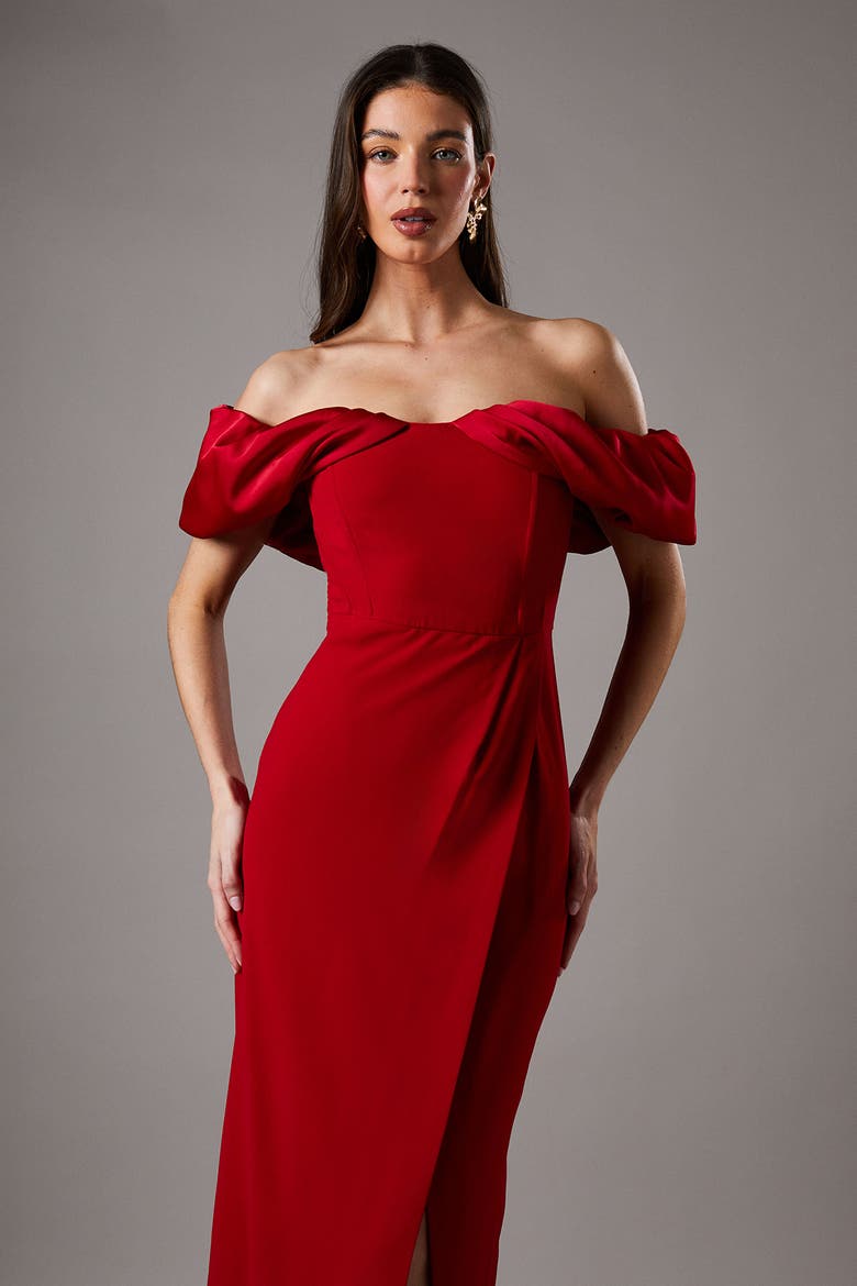 Volume Sleeve Corset Column Maxi Dress, Alternate, color, Red