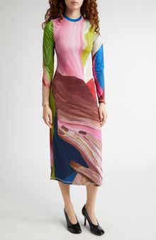 Stine Goya Print Long Sleeve Body-Con Stretch Jersey Midi Dress