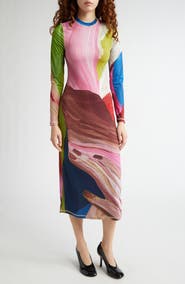 Stine Goya Print Long Sleeve Body-Con Stretch Jersey Midi Dress