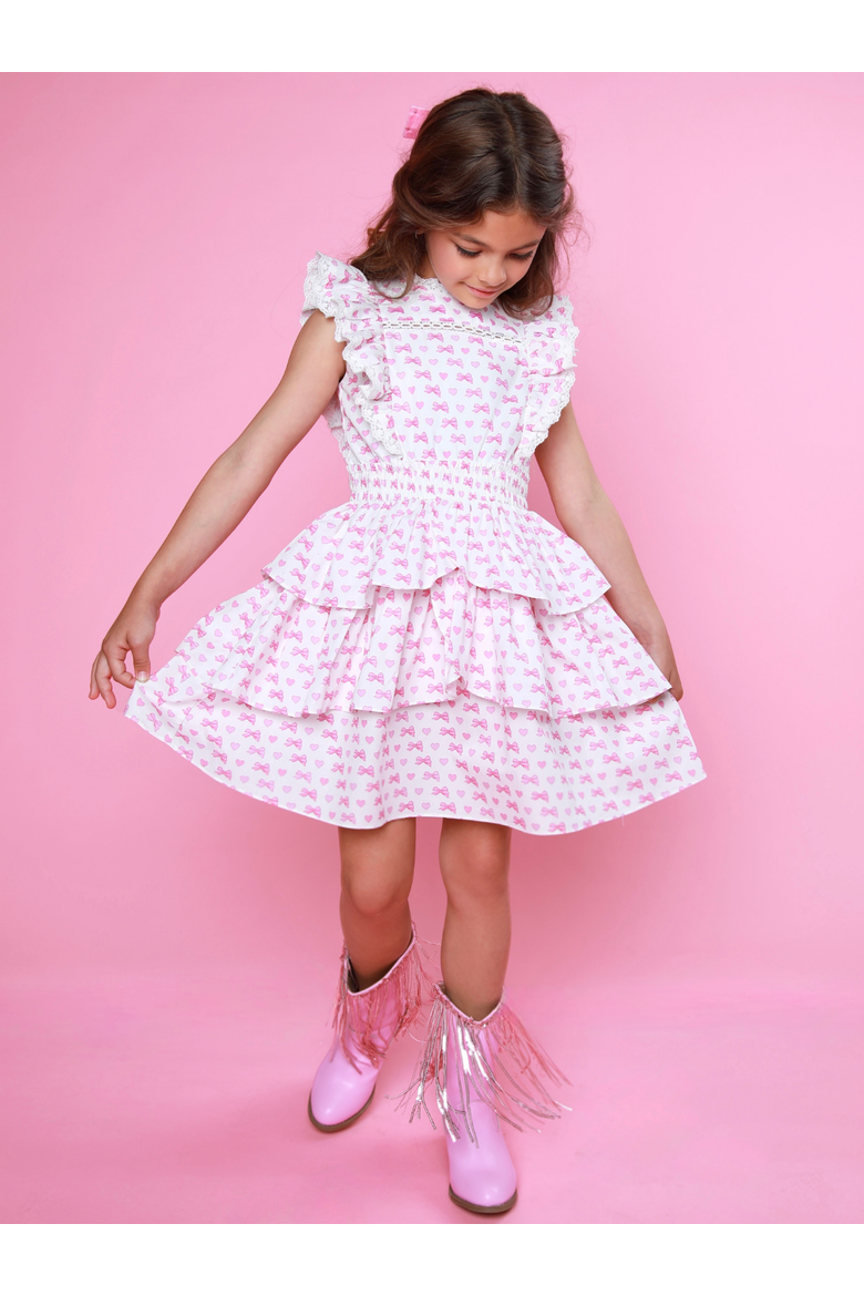 Girly Bow Smocked Ruffle Tiered Dress, Alternate, color, Pink