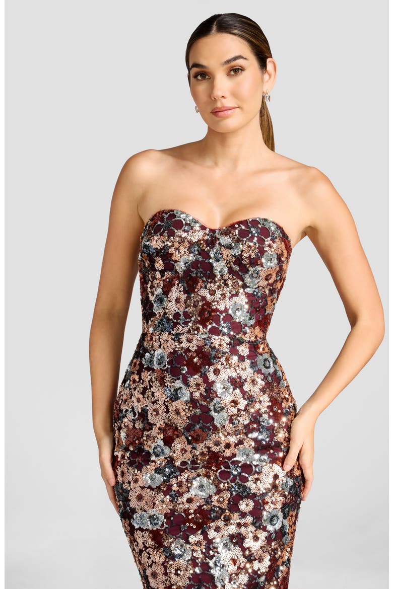 Vada Floral Sequin Strapless Midi Dress, Alternate, color, BURGUNDY MULTI