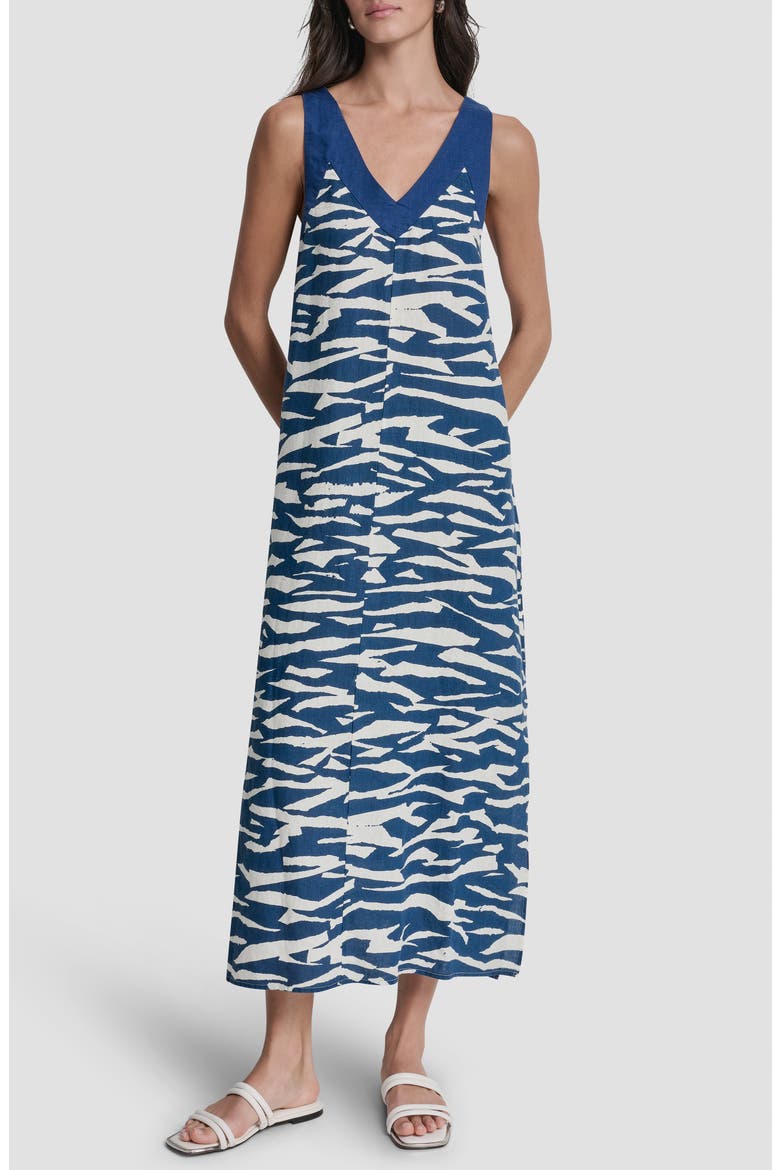 Print Colorblock Linen Midi Dress, Main, color, TIDAL BREAK/ ADMIRAL