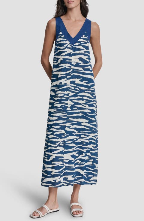 Print Colorblock Linen Midi Dress