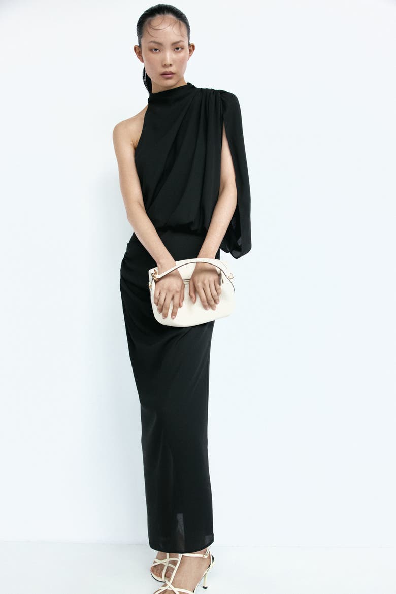 Draped One-shoulder Dress, Alternate, color, Black