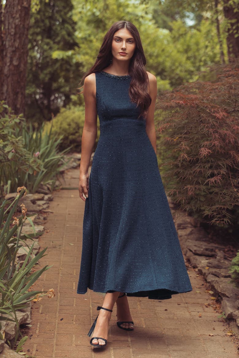 Sleeveless A-Line Boucle Midi Dress, Alternate, color, Midnight