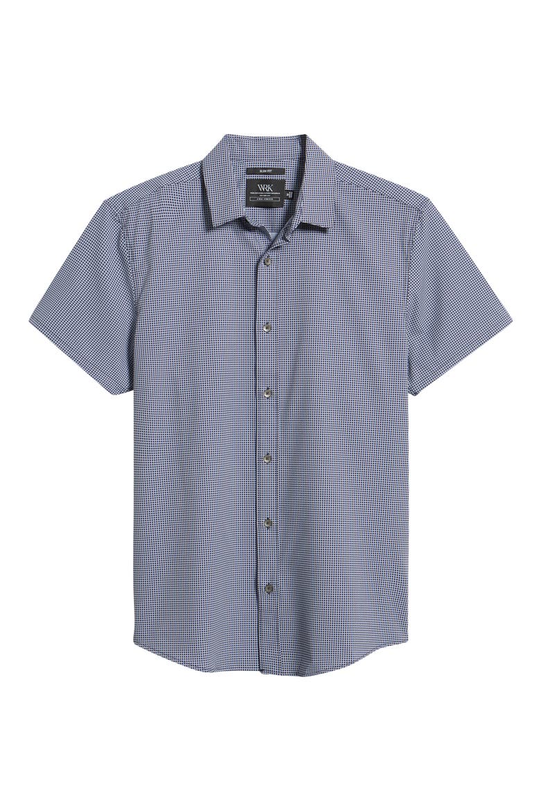 Trim Fit Houndstooth Short Sleeve Performance Button-Up Shirt, Alternate, color, WHITE/ NAVY