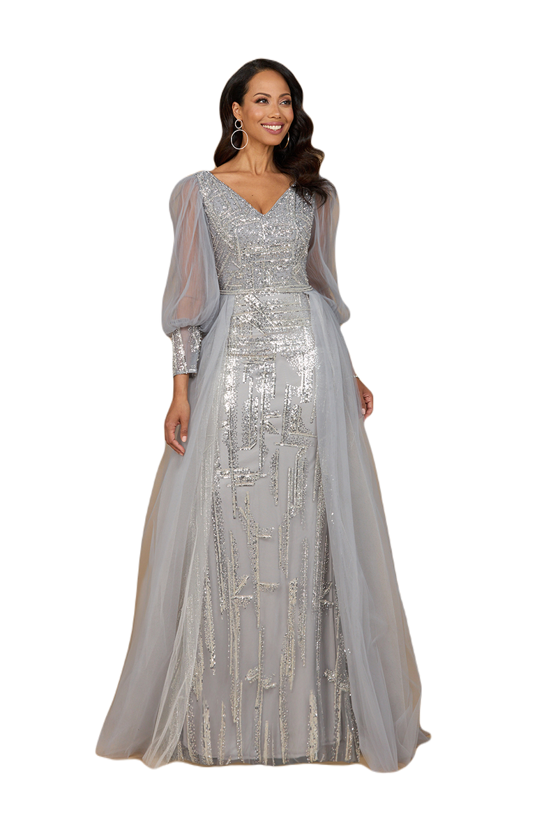LARA New York Long Sleeve Lace Gown with Removable Over Skirt, Main, color, Silver