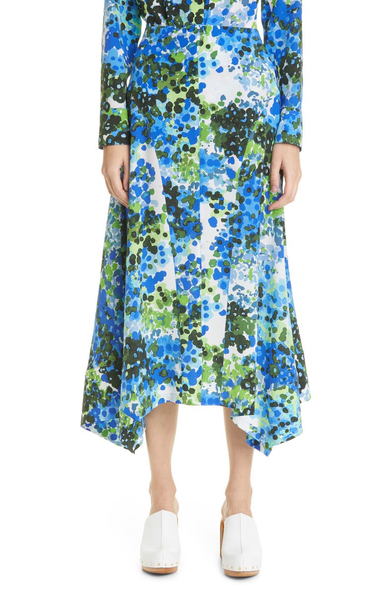 Stella McCartney Naya Floral Print Handkerchief Hem Silk Midi Skirt, Main, color, Multicolor Blue