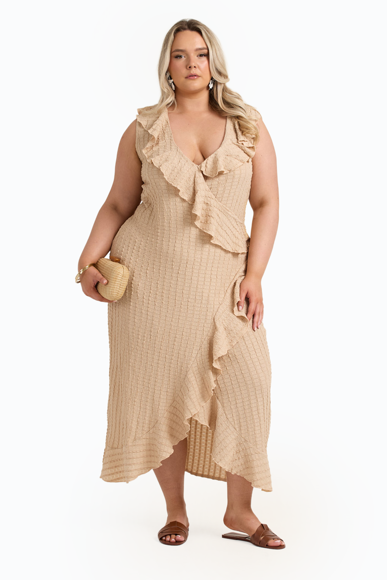 Ruffle Wrap Sleeveless Midi Dress, Alternate, color, Stone