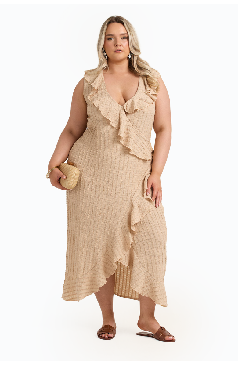 FASHION-SZN CURVE Ruffle Wrap Sleeveless Midi Dress, Alternate, color, Stone