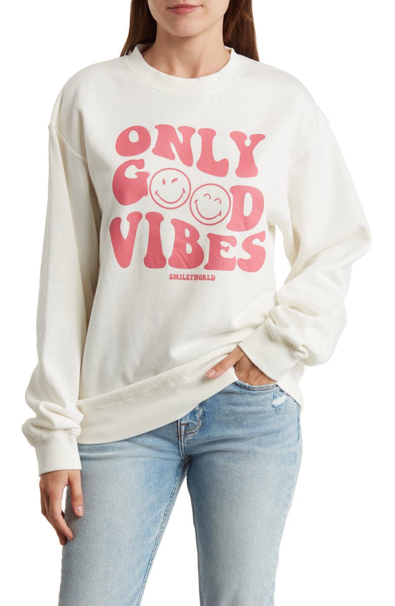 Desert Dreamer Smiley Only Good Vibes Long Sleeve Cotton Blend Graphic T-Shirt, Main, color, 