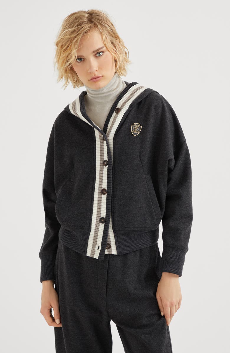 Brunello Cucinelli Cashmere interlock hooded sweatshirt with logo, Alternate, color, 