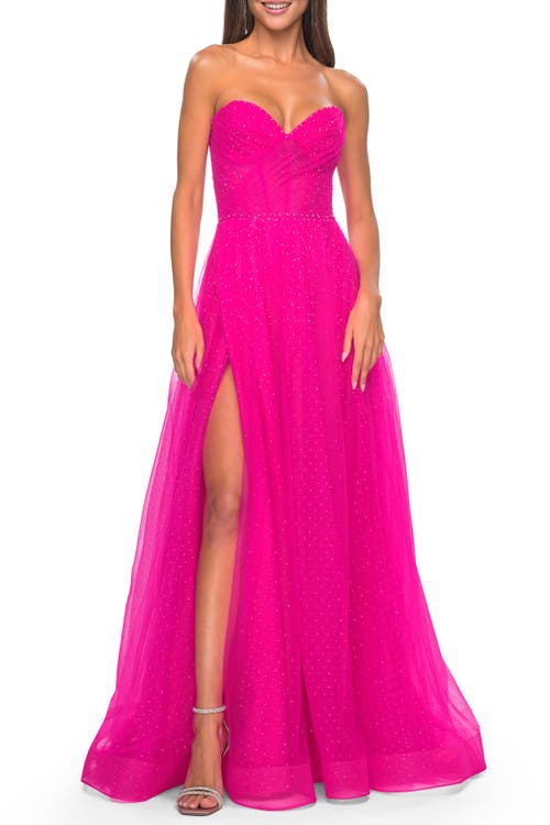 La Femme Sweetheart Tulle And Rhinestone Prom Dress With Illusion Detail In Hot Fuchsia